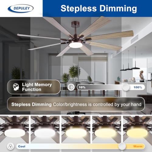 Image of Depuley 72-Inch Ceiling Fan with Light: Modern 8-Blade Brown Indoor Outdoor Fans with Remote Control Dimmable Light - Ultra Quiet DC Motor Reversible 6 Speed Timer
