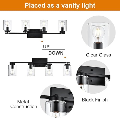 Miniatura 7 de VINLUZ Luces de tocador de 4 luces para baño con cabezal de luz giratorio, lámpara de techo con acabado negro, kit de iluminación moderna de riel