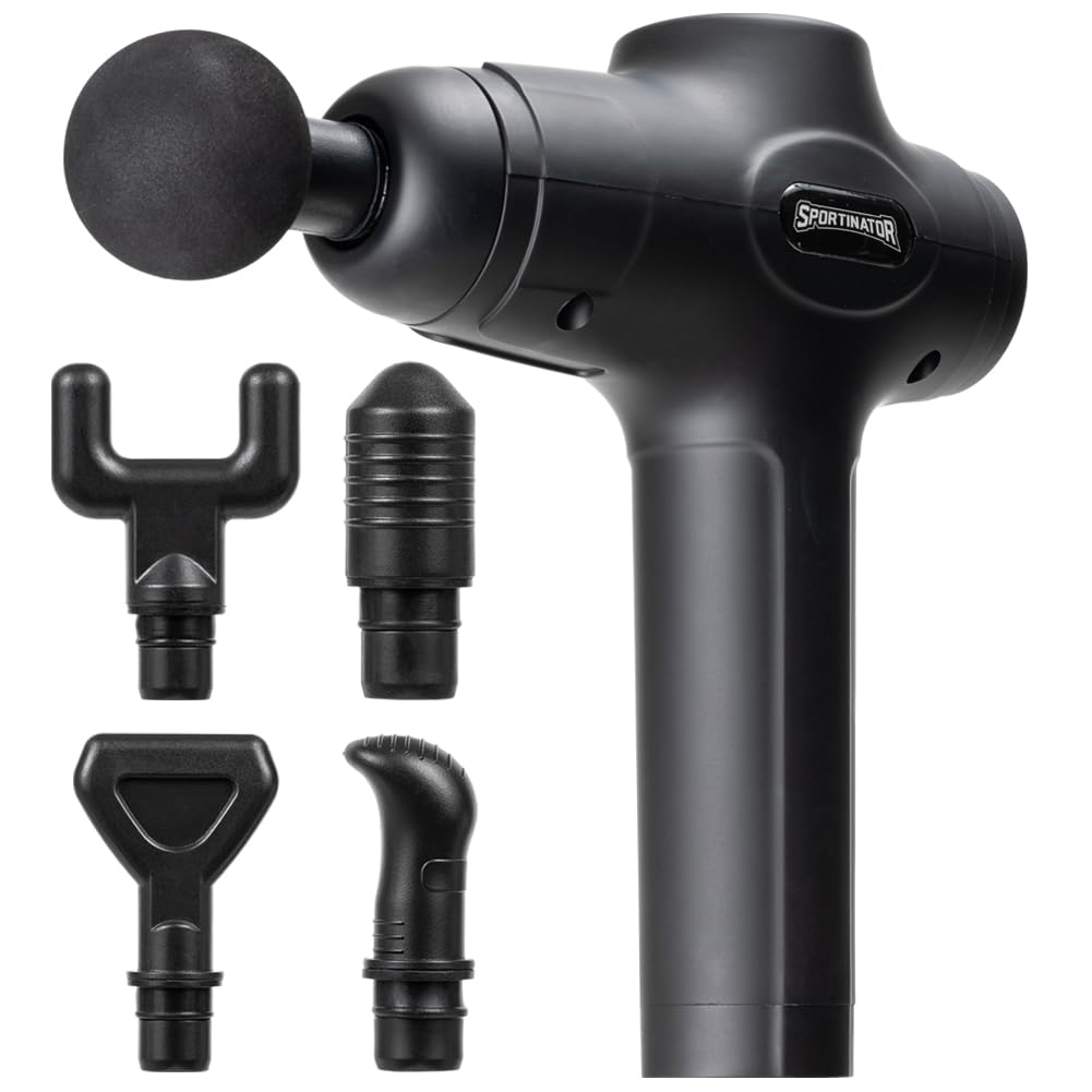 SPORTINATOR® Level Up Massagepistole inkl. verschiedener Aufsätze und Tragetasche, elektrisches Handmassagegerät mit USB-C-Anschluss und LCD-Touchscreen (Schwarz)