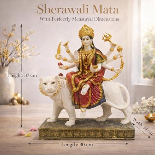 Image of ARMONIA Sherawali Devi Murti for Navratri Decor & Worship | Maa Durga Idol Sitting | Mata Murti for Home Decor, Mandir | Vaishno Devi Durga Mata Statue | Marble Dust Goddess Idol for Gift (14.56 Inch)