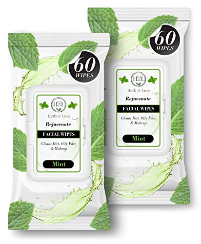 Herb & Luxe Face Wipes, Flip-Top Makeup Remover Facial Cleansing Wipes with Aloe Vera for Sensitive, Oily, dry Skin, Face/Hands/Body, Women/Men, 60 Count, Mint (Pack of 2 = 120 Wipes)