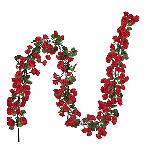 Houele 2 Pack (16FT) Fake Rose Vine Flowers Plants Artificial Rose Vine Flowers for Wedding Home Party Garden Craft Art Decor(Positive red)