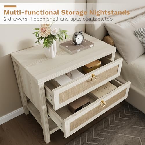 Image of Eclatara Large Rattan Night Stand Set of 2: Boho Nightstand with Drawers and Storage Shelf, White Bedside Table End Table Side Table for Bedroom(Cream White Oak,2 Pieces)
