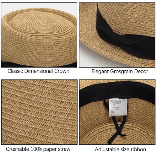 KorhLeoh Summer Pork Pie Strohhut 1920er Bowler Flat Top Fedora Hut Kostüm Party Cap für Männer Frauen Unisex