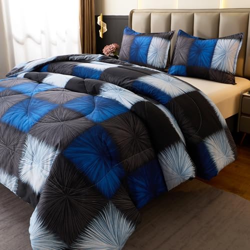 Image of Caressma Black and Navy Blue Checkered Comforter Bedding Set, Full Size Blue White Plaid Comforter Set for Boys, Fluffy Black Grid Home Decor for All Seasons