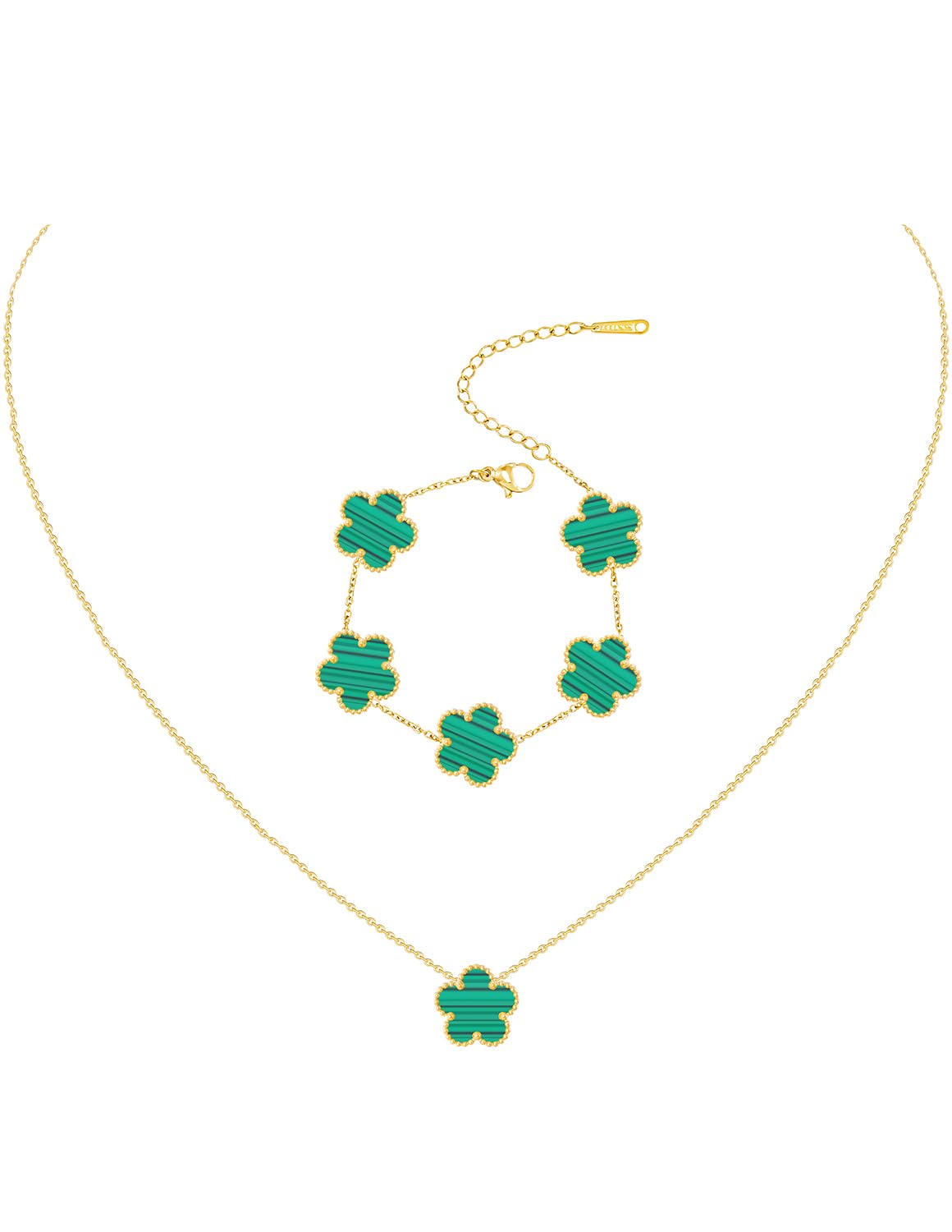 Gold Plated Stainless Steel Four Leaf Clover Bracelet and Necklace Jewelry Set for Women