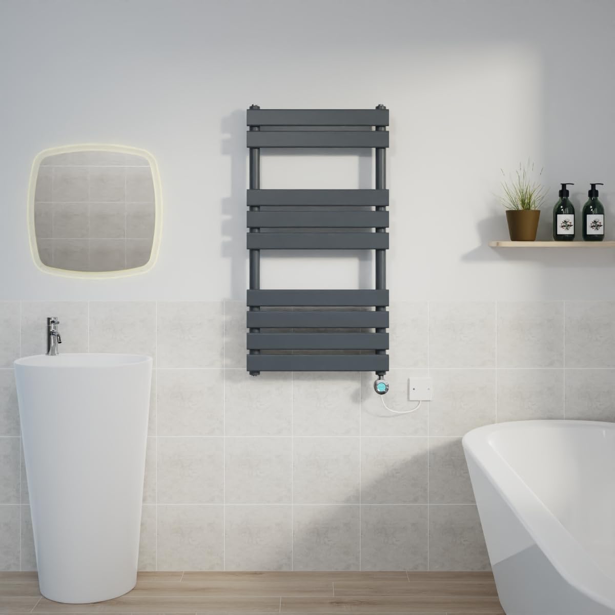 Warmehaus 950x500mm Sand Grey Designer Flat Panel Electric Heated Towel Rail Thermostatic Bathroom Towel Radiator with Chrome Timer Element 400W