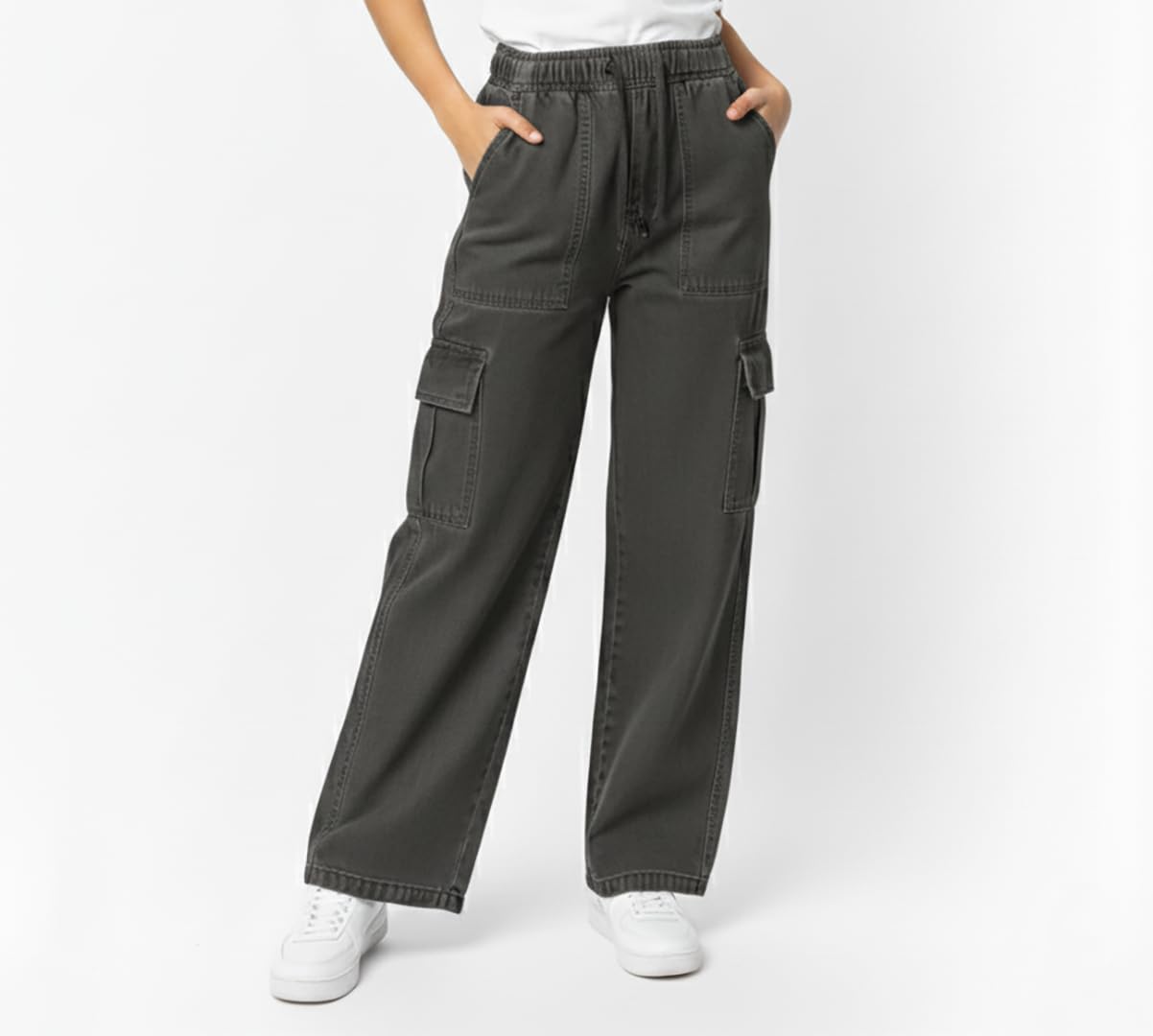 Women’s Wide Leg Cargo Jeans with Elastic Waist & Utility Pockets Grey-image-21