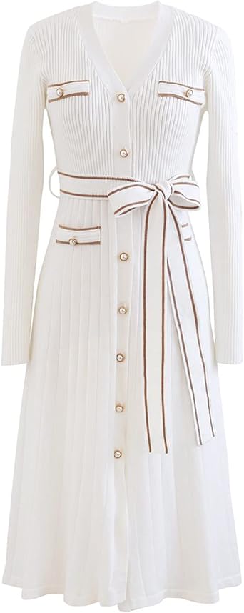 CHICWISH Womens White V-Neck Shimmer Contrast Line Buttoned Knit Dress