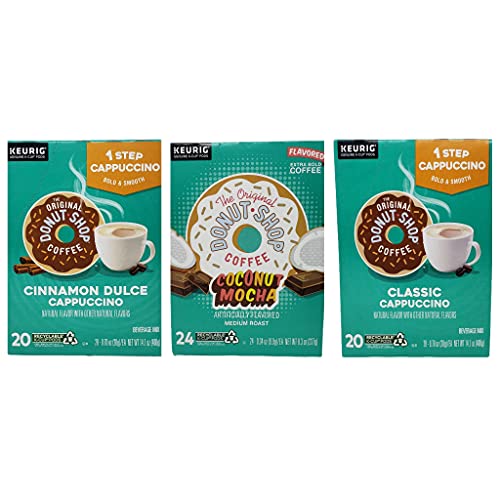 The Original Donut Shop Coffee Variety Pack - 64 Total K-Cup Pods - 3 Boxes of K Cups - Classic Cappuccino (20 Pods) - Cinnamon Dulce Cappuccino (20 Pods) - Coconut Mocha (24 Pods) - 1 Step Cappuccino