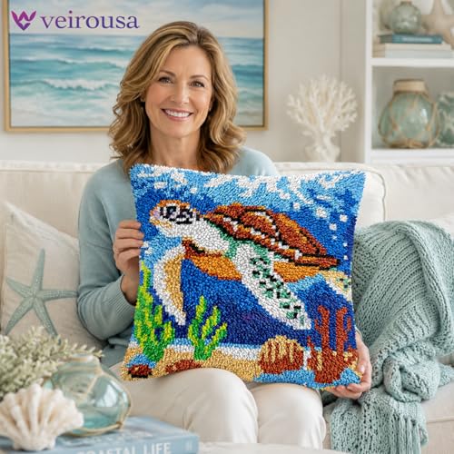 Image of veirousa Traveling Sea Turtle Latch Hook Kits for Adults, Beginners Ocean Latch Hook Pillow Kit Pre-Printed Latch Hook Rug Kits Cross-Stitch Embroidery Cushion for Home Sofa Decoration 17x17 in.