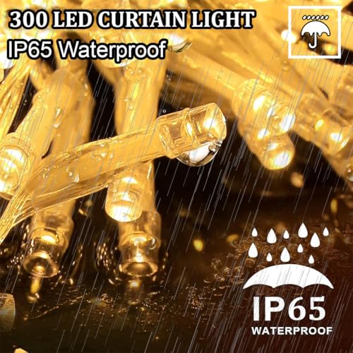 Image of fizzytech Plastic Fairy Curtain String Lights for Wall Decoration, Warm White 300 LED's, 8 Flashing Modes, Window Backdrop Lights for Bedroom, Party, Diwali, Christmas - 3x3 Meter