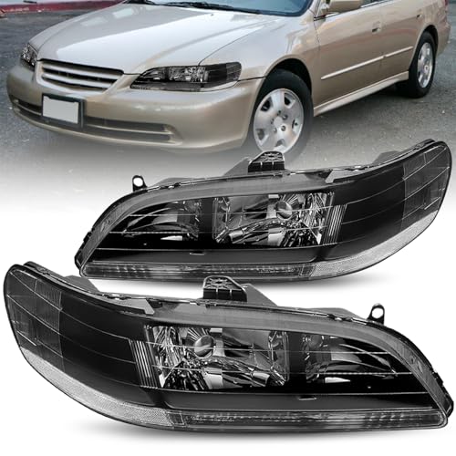 SOCKIR Headlight Assembly Pair Compatible with 1998-2002 Honda Accord Halogen Headlamp Replacement Driver and Passenger Side (Black Housing with Clear Reflector)