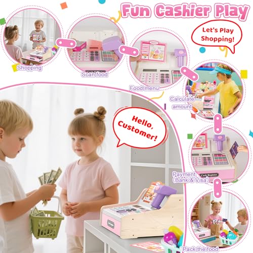 Image of Wooden Cash Register for Kids, Rechargeable Kids Cash Register with Scanner, Pretend Play Cash Register Toy with Fake Money, Food, Credit Card, Toddler Boys Girls Age 2-4 4-8, Pink