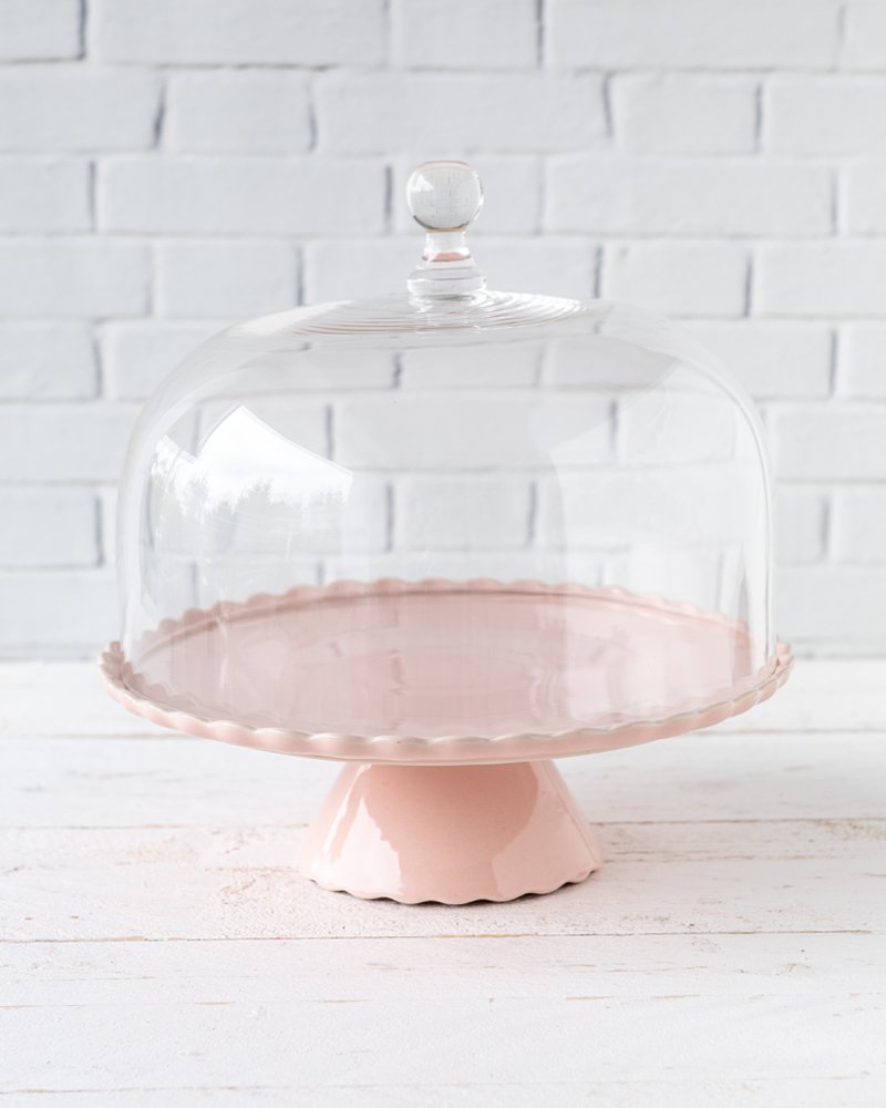 Présentoir à gâteau Sweet Flower Medium Rose avec Cloche en Verre, Ø 28 cm