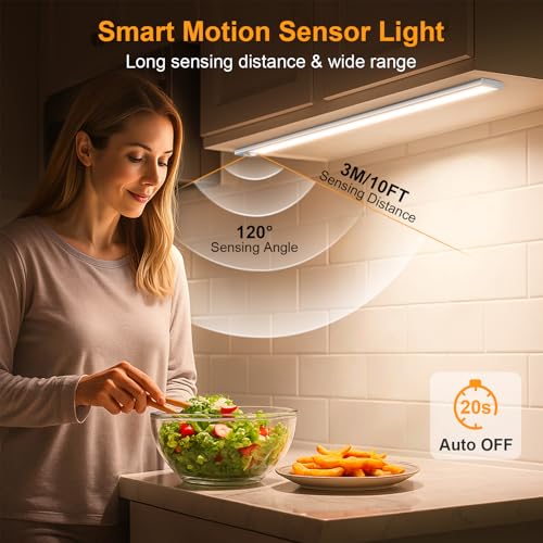 Gritin 37.5cm Unterbauleuchte Küche LED Schrankbeleuchtung, Superhell, 3 Farbe & 5 Helligkeit, 4 Modi, Bewegungsmelder, Aufladbar 2500mAh Akku, Stark Magnet Schranklicht, 2 Stück -Silber