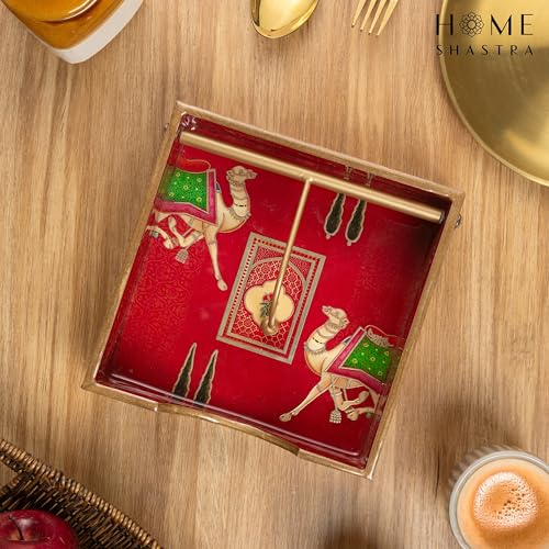 Image of Wooden Napkin Holder with Gold Engraving | Pack of 1 | Size : 7.5 x 7.5 inch | Enamel Coated Waterproof | Tissue Holder for Dining Table | (Red Camel Napkin Holder)
