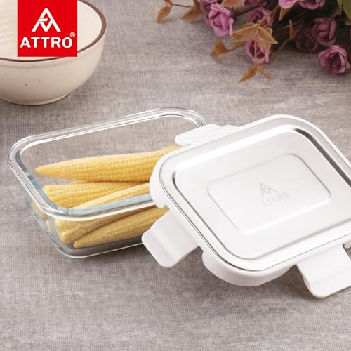 Image of ATTRO Glassox Borosilicate Rectangular Glass Lunch Box with Stainless Steel Lid Food Storage Container Microwave & Freezer Safe BPA-Free Food-Grade 370ml Set of 2