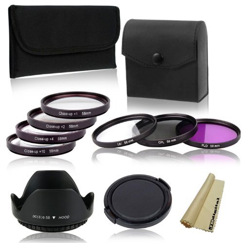 Essential Lens Accessory Kit for 58mm Canon Rebel and EOS Series Cameras T5i T4i T3i T3 T2i T1i XT XTi XSi SL1 700D 650D 600D 550D 500D 450D 400D 350D 300D 1100D 100D 60D 7D and More --Includes: 58mm Filter Kit (UV, CPL, FLD) + 58mm Macro Close-Up Set (+1 +2 +4 +10) + Tulip Flower Lens Hood + Lens Cap Cover + JB Digital Microfiber Lens Cleaning Cloth