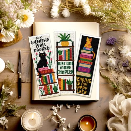 Image of ACRNIGHEET 6PCS Cross Stitch Bookmark Kits Bookshelves Words Pattern Counted Cross Stitch Kits for Beginners Adults DIY Stamped Embroidery Bookmarks with Instructions Hand Embroidery Craft Gift