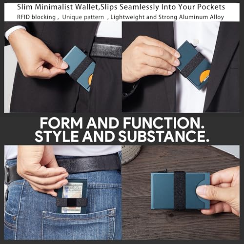 Image of Card Holder Wallets for Men | Slim Aluminum Wallet | RFID Blocking Minimalist Metal Pop Up Wallet | Money Clip & Cash Band | Expandable Compact Plate | Men's Accessories & Gifts for Men,Navy