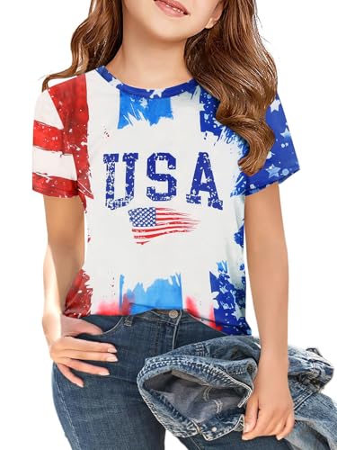 Image of CAZYCHILD Girls American Flag Patriotic Shirt Boys 4th of July Short Sleeves Tshirt USA Clothes for Kids 5-14Y