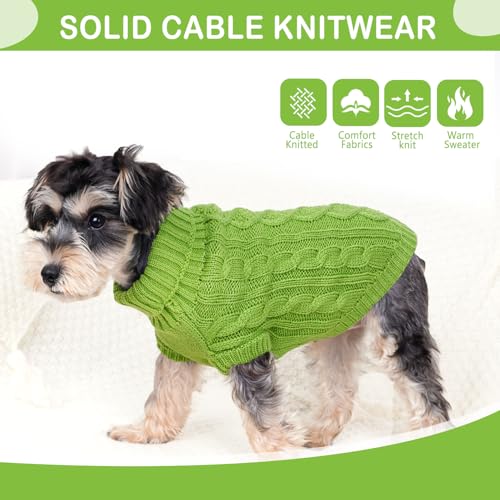 Image of Dog Sweaters Warm Small Dog Sweater Winter Dog Clothes Chihuahua Sweaters Cute Puppy Sweater Cable Knit Pet Clothes Christmas Dog Outfit Cat Sweater (Green, Small)