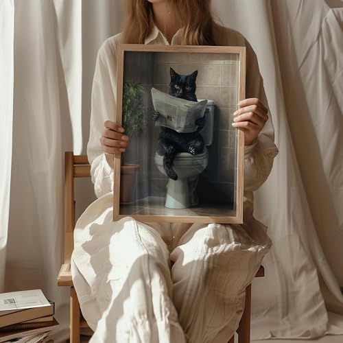 Image of Cat Black on Toilet Wood Framed Wall Art Print Poster, Dog Bathroom Humor Decor Posters Prints for Restroom Home Picture Painting Artwork Gallery 7 (Cat Black, 11 inchW x 14 inchL, Wood Frame)
