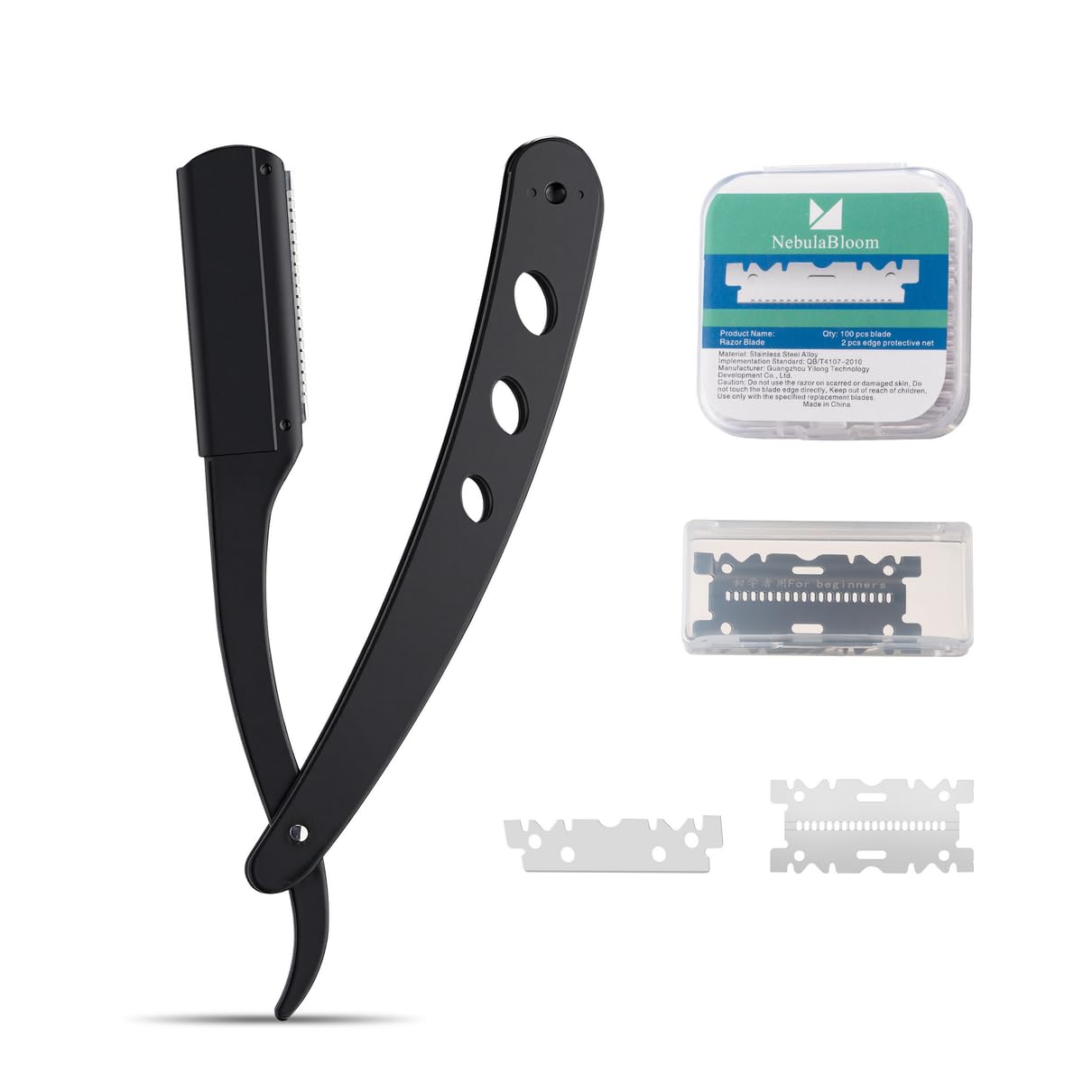 NebulaBloom Professional Safety Barber Straight Edge Razor with Stainless Steel Protector Net and 100 Stainless Steel Blades, Smooth Shaver for Salon and Home