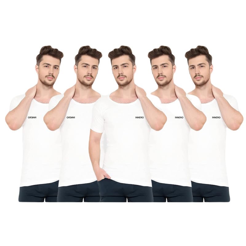 Image of INNERO Men's Vest with Sleeves | Cotton Half Sleeve Round Neck Vest, Baniyan, Ganji, Undershirt (White)