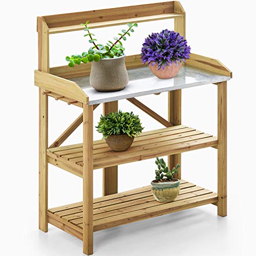 kealive Potting Bench for Outside Foldable Wooden Garden Potting Table with Metal Tabletop, Side Hooks and Open Shelf, Natural 41.5L x 20W x 48H