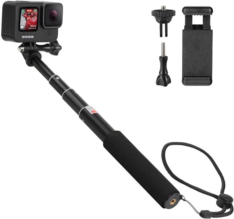 Palo selfie extensible HSU, empuñadura impermeable para GoPro Hero | 13/12/11/10/9/8/7/6/5/4, Monopié de Mano Compatible con Teléfonos Celulares, AKASO Campark Insta360 X4 X3 y Otras Cámaras de Acción