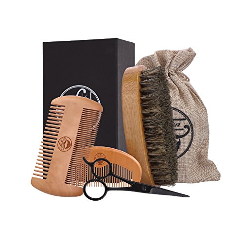 ARTIFUN Beard Brush, Comb & Scissors Trimming Grooming Kit For Men Care - Natural Boar Bristle Brush, Beard Comb, Dual Action Wooden Comb & Stainless Steel Scissors Suit for Styling & Growth