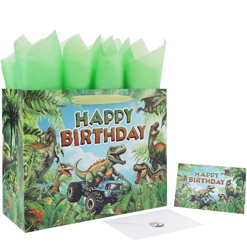 13 Large Dinosaur Truck Birthday Gift Bag Set with Handles Greeting Card Blue Tissue Papers and Stickers for Boys Kids Teens Men for Birthday Boys Party Baby Dinosaur Truck Design 1 Pcs