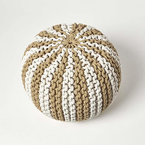 Homescapes Pouf, leinen-weiß gestreifter Strickpouf, großes Bodenkissen 40 x 50 cm, dekorativer Fußhocker mit grob gestricktem Bezug aus 100% Baumwolle, Strickpuff/Strickhocker