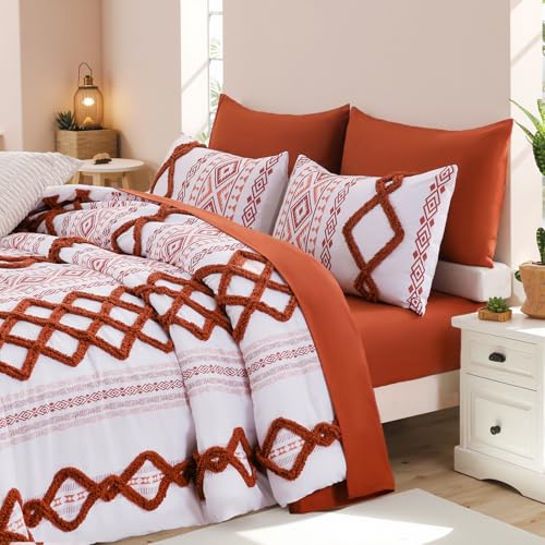 Image of MOVE OVER 7 Pieces Burnt Orange Tufted Bed in a Bag King Size Boho Chic Farmhouse Bedding Set Soft Microfiber Ethnic Aztec Comforter Sets for Bedroom Mid-Century Bohemian Bedding Comforter Set