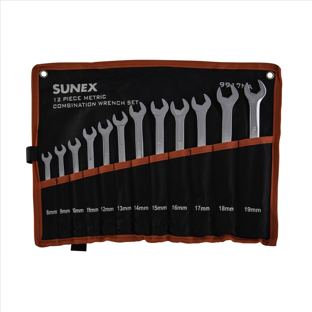 Sunex Tools 9917MA - Juego de llaves combinadas métricas con ranura en V, 8 mm - 19 mm, totalmente pulidas, 12 piezas (incluye estuche enrollable)