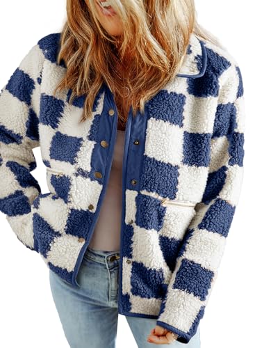 SHEWIN Jackets For Women Causal Fleece Jacket Loose Button Down Sherpa Plaid Winter Coats With Pockets Womens Fall Fashion 2025 Ashleigh Blue Small