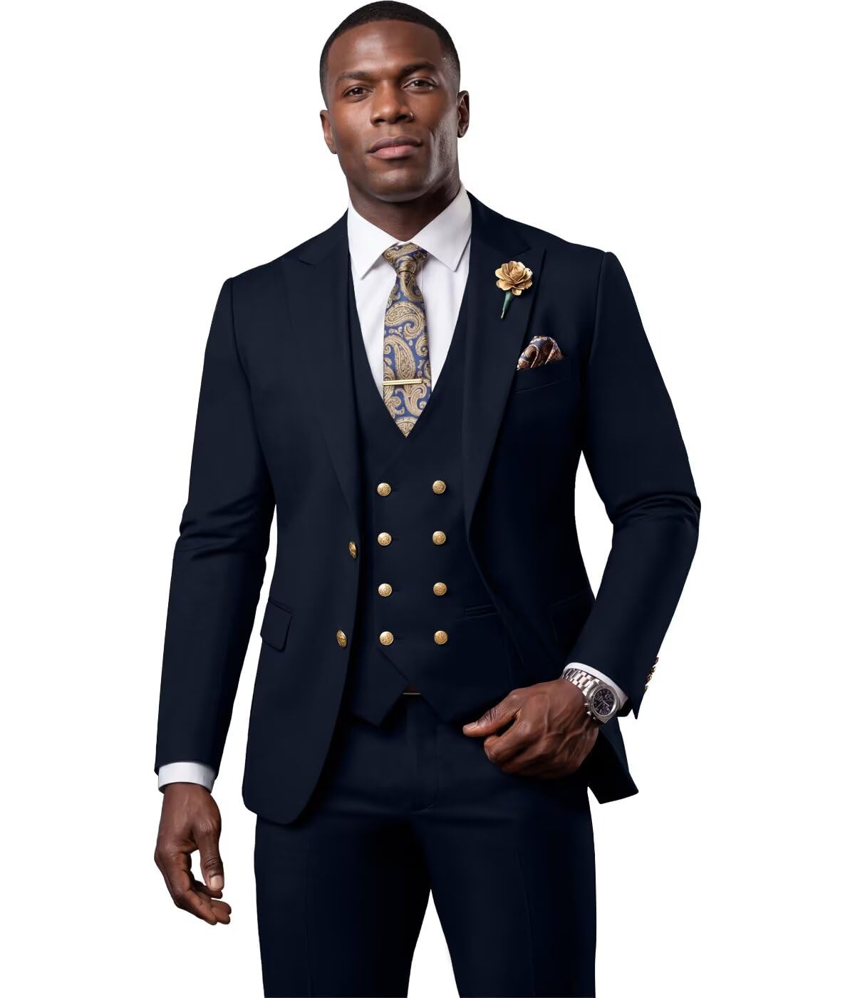 Wehilion 3 Piece Suits for Men Slim Fit Tuxedo Jacket Formal Wedding Prom Suit Double Breasted Blazer Vest and Pants