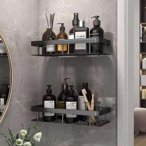 Oslen (Pack of 1 Self-Adhesive Multipurpose Wall Mounted Bathroom Shelf and Rack for Bathroom and Kitchen Plastic Bathroom Shelf for Wall, Bathroom Organiser Without Drill, Black 4