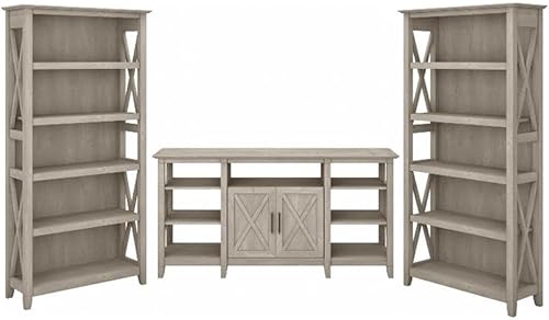 Bush Furniture Key West - Soporte alto para TV con juego de 2 estanterías en gris lavado, centro de entretenimiento de granja para televisión de 65