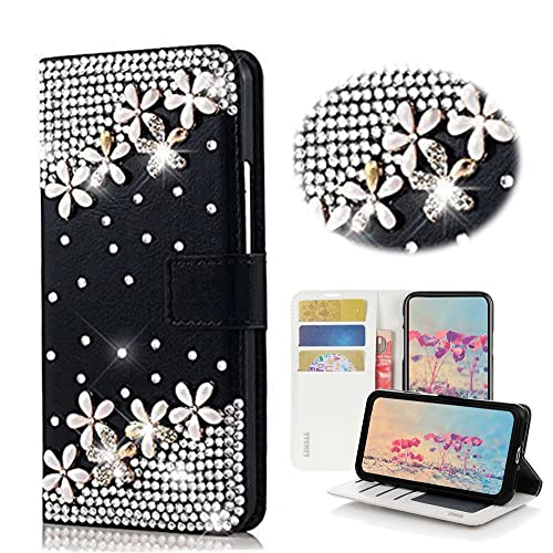 STENES Bling Wallet Phone Case Compatible with iPhone 11 Pro Max - Stylish - 3D Handmade Flowers Floral Rhinstone Diamond Design Leather Cover Case - Black