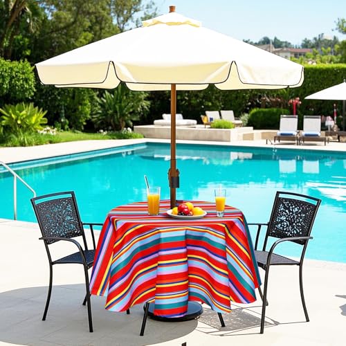Image of Poise3EHome 60 inches Outdoor /Indoor Waterproof Spillproof Round Tablecloth with Umbrella Hole for Camping, Picnic, Christmas Tree Skirt, BBQ, Color Stripe