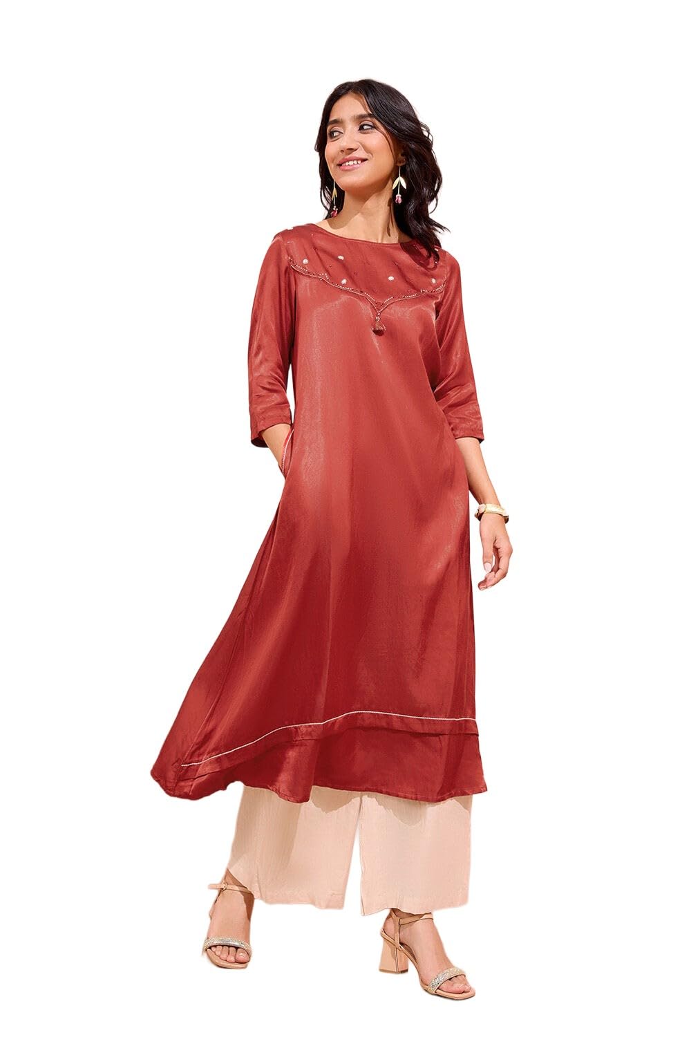 Cotton Embroidered Dark Orange Kurta Set For Women-image-21