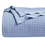Bedsure 100% Cotton Blankets Queen Size for Bed - Blue 405GSM Waffle Weave Soft Lightweight Thermal Bed Blankets Queen Size, 90x90 inches