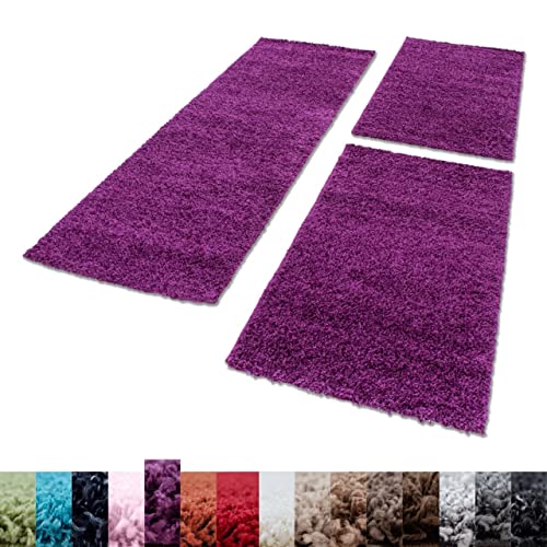 Alfombra lanuda 3TLG para pasillo, marco de cama, pasillo del dormitorio, juego para dormitorio, polipropileno, morado, 2x80x150+1x80x250 Cover