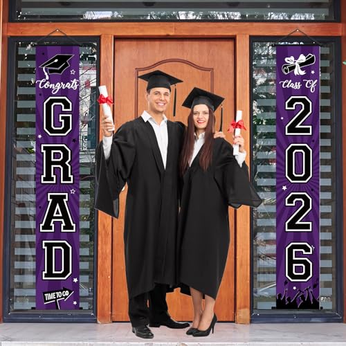 Image of Graduation Banner 2026 Graduation Decorations Purple and Black Grad Banner Porch Sign Class of 2026 Door Decor Congrats Hanging Backdrop Purple Grad Party Decor for School Congratulations Supplies