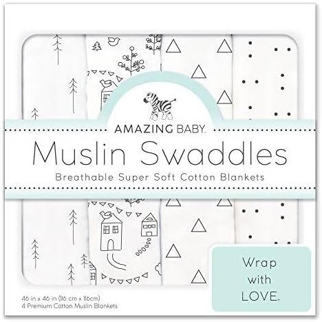 Muslin Swaddle Blanket for Baby Boy & Girl, Receiving Blanket for Newborn, 100% Cotton Swaddle Wrap, Baby Registry & Gift, XLarge 46 x 46 inches, Set of 4, Little Village and Trees, Black