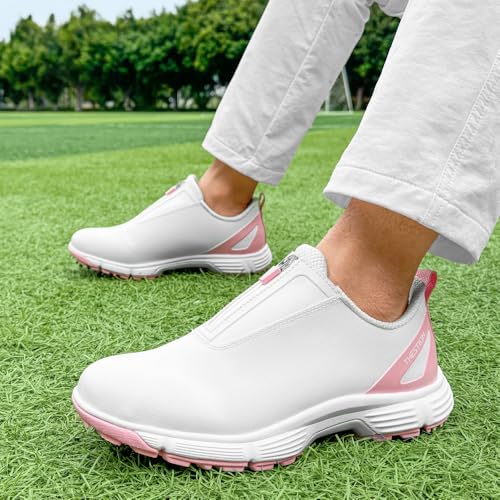 THESTRON Women Waterproof Golf Shoes Spikes Golf Training Sneakers Female Golf Footwears Zipper Golf Sports Shoes Women Walking Sneakers with Spikes Zipper 6