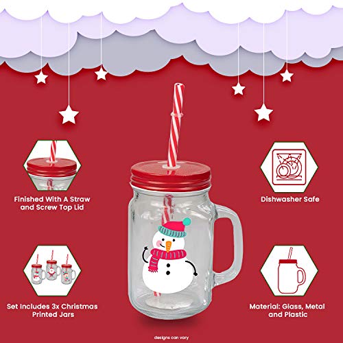 Invero® 3X Set of Christmas Design Drinking Glass Jar Mugs with Handle Screw Top Tin Lid and Straw - Image 5